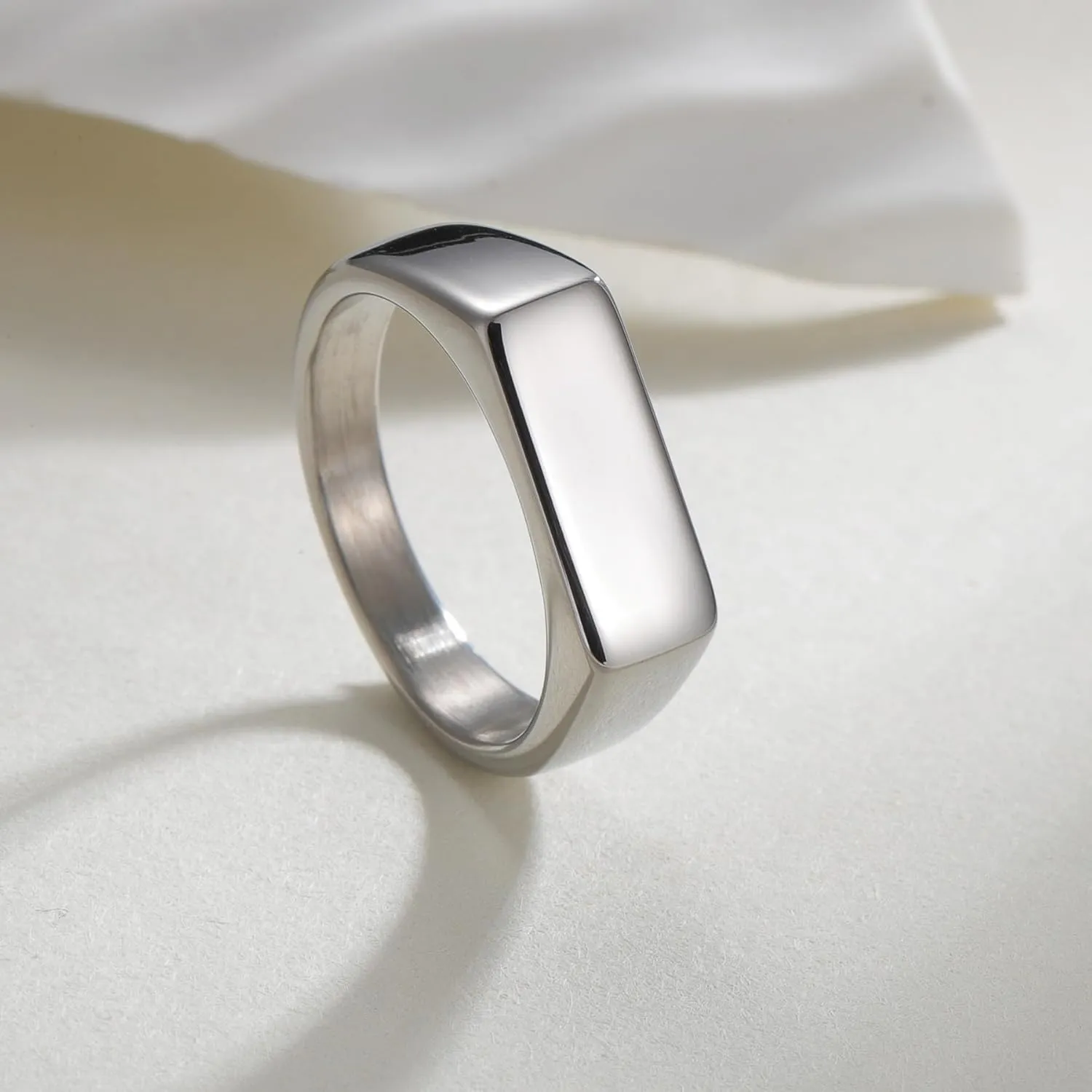 Mens Stainless Steel Signet Rings Silver/Black/Gold Square Pinky Ring for Men Women Cool Ring for Him Her Dad Mom