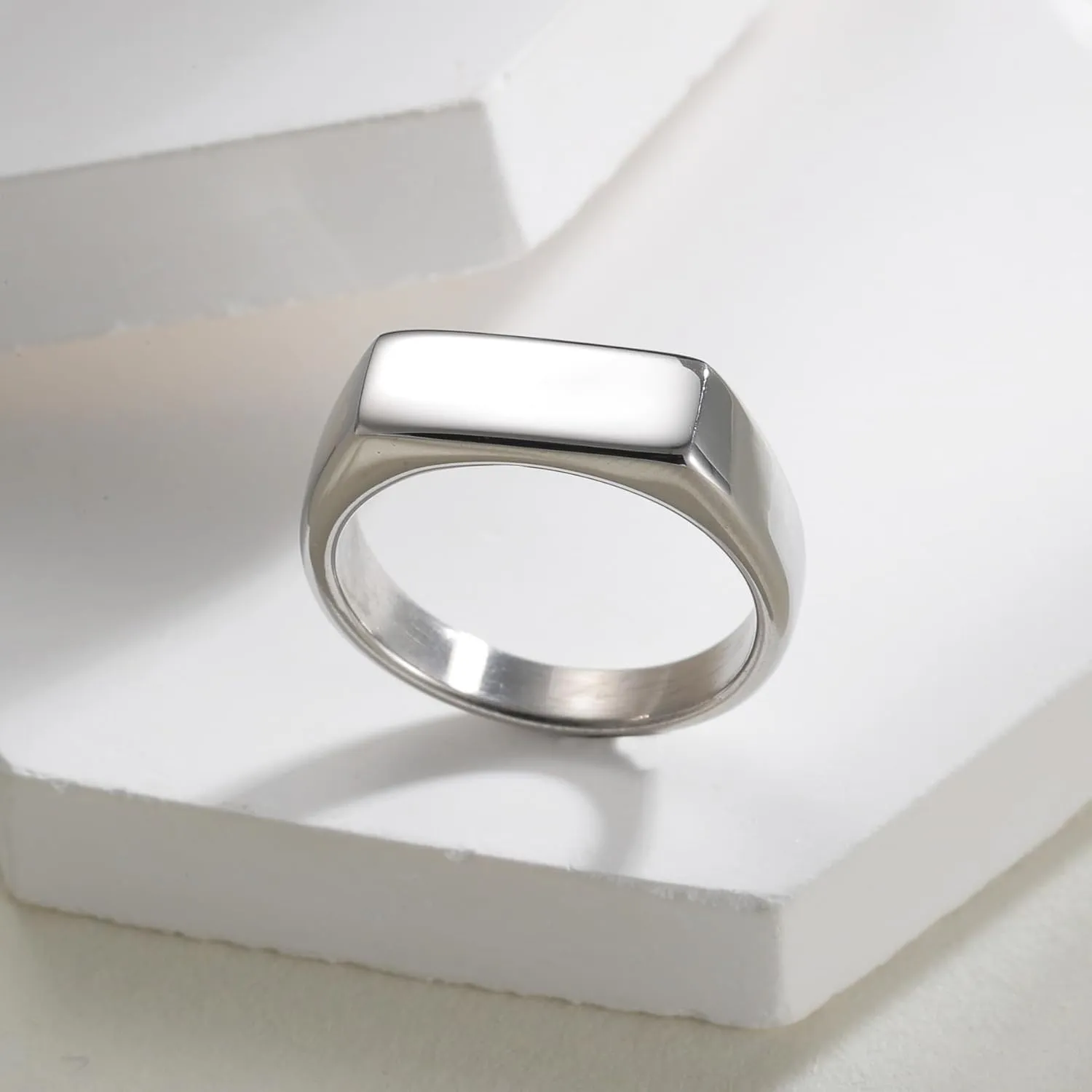 Mens Stainless Steel Signet Rings Silver/Black/Gold Square Pinky Ring for Men Women Cool Ring for Him Her Dad Mom