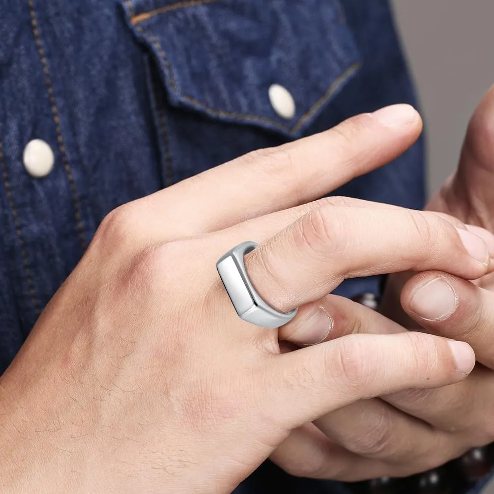 Mens Stainless Steel Signet Rings Silver/Black/Gold Square Pinky Ring for Men Women Cool Ring for Him Her Dad Mom