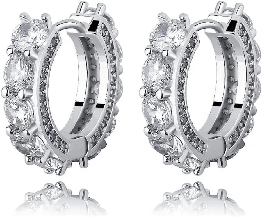 Men's Women's Elegant Fully Iced Cz Unisex White Gold 925 Sterling Silver Hoops Big Stone Cubic Zirconia For Sensitive Ears Hypoallergenic 12mm Huggie Hoop Earrings Jewelry Gift For Men And Women