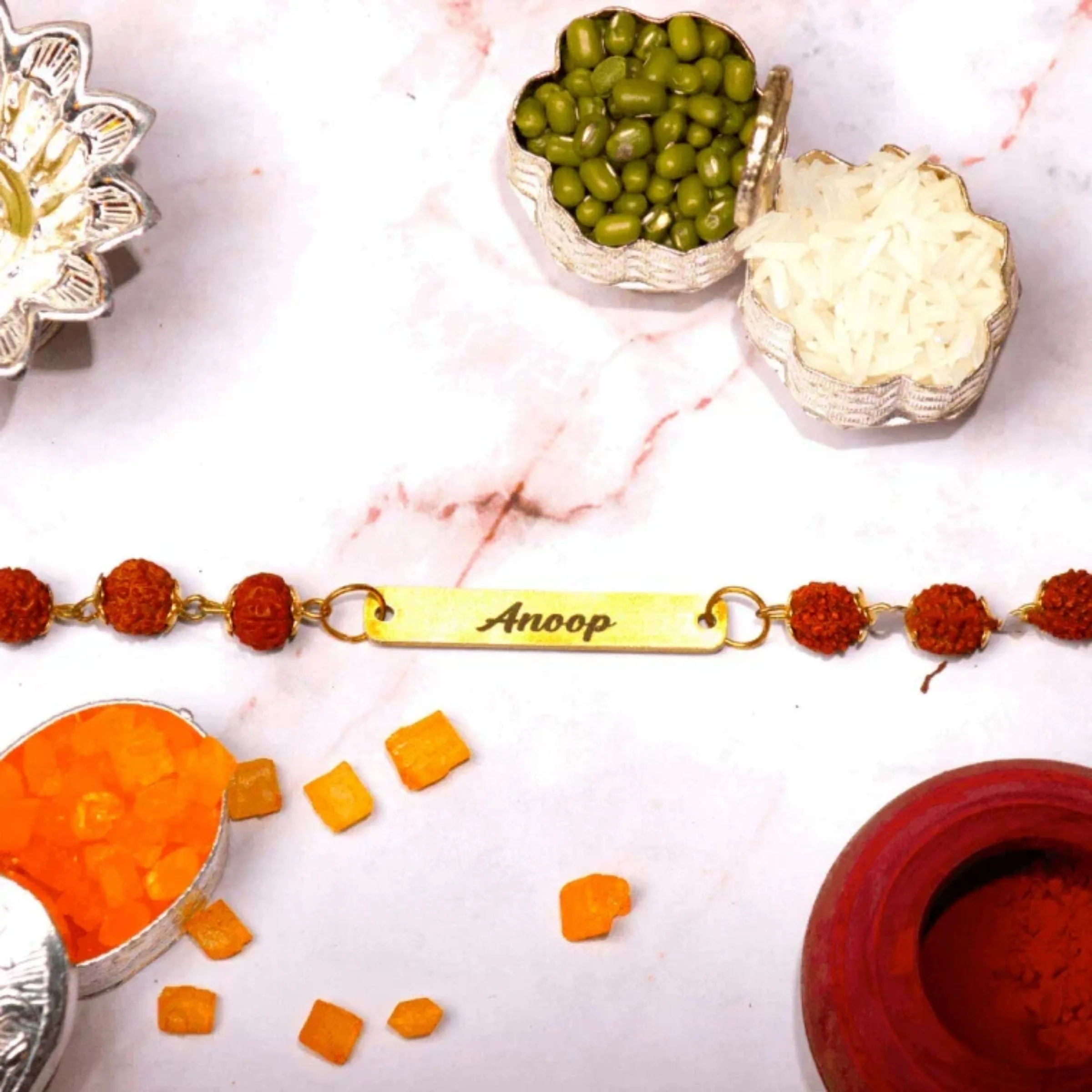 Metal Premium Rudraskha Rakhi with Name 2024 | Raksha Bandhan