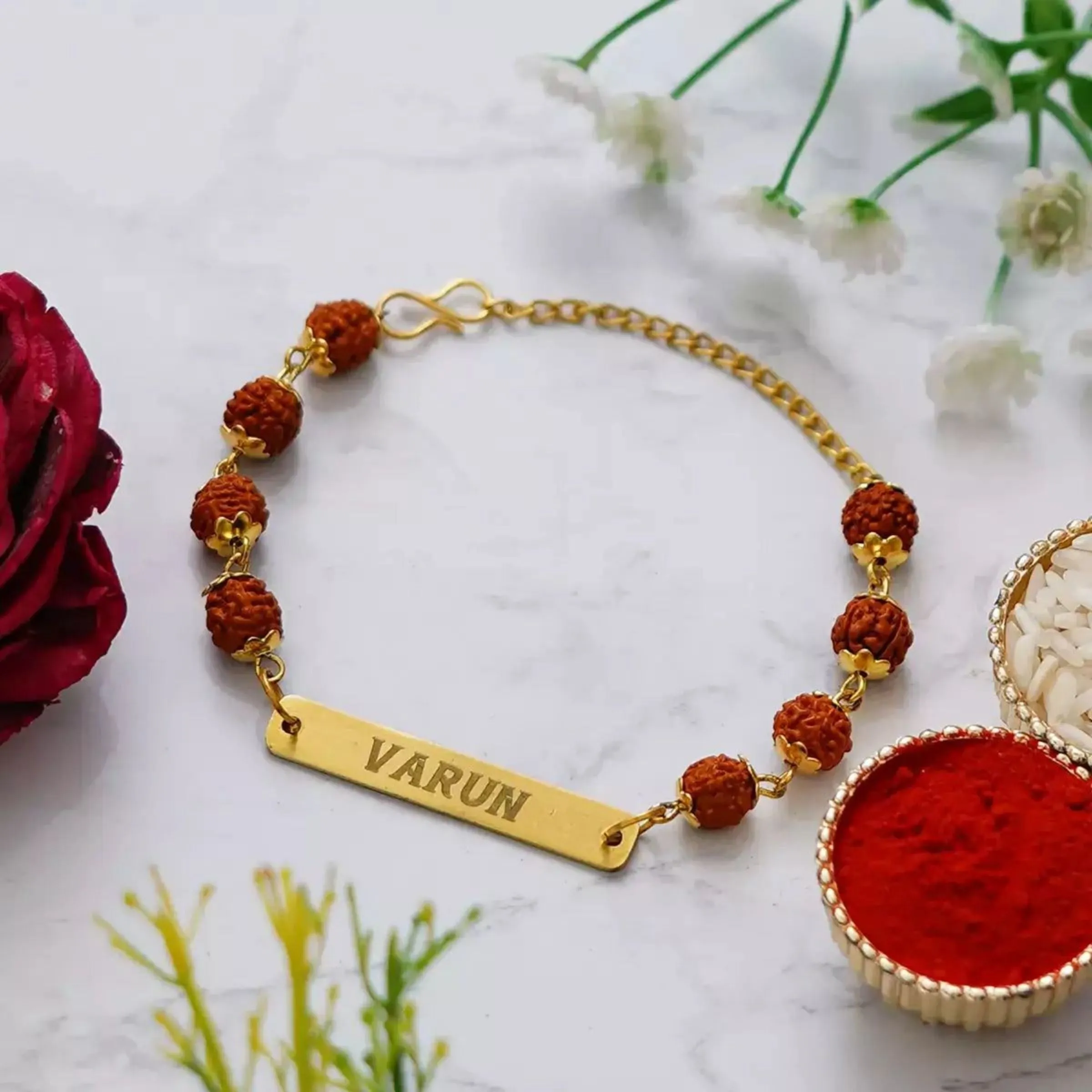 Metal Premium Rudraskha Rakhi with Name 2024 | Raksha Bandhan