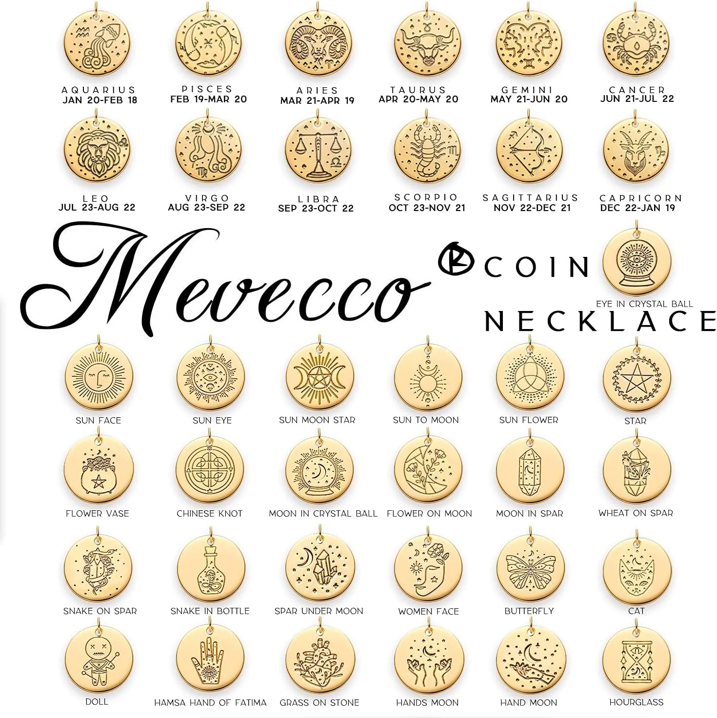 MEVECCO Constellation Disc Coin Necklace 18K Gold Plated Dainty 12 Constellation Personalized Pendant Necklace Gifts