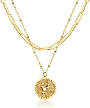 MEVECCO Gold Birth Flower Coin Necklace for Women Paperclip Chain Choker Layered Set Embossed Disc 12 Month Pendent 18K Gold Plated Dainty Satellite Chain Personalized Birthday Jewelry for Her