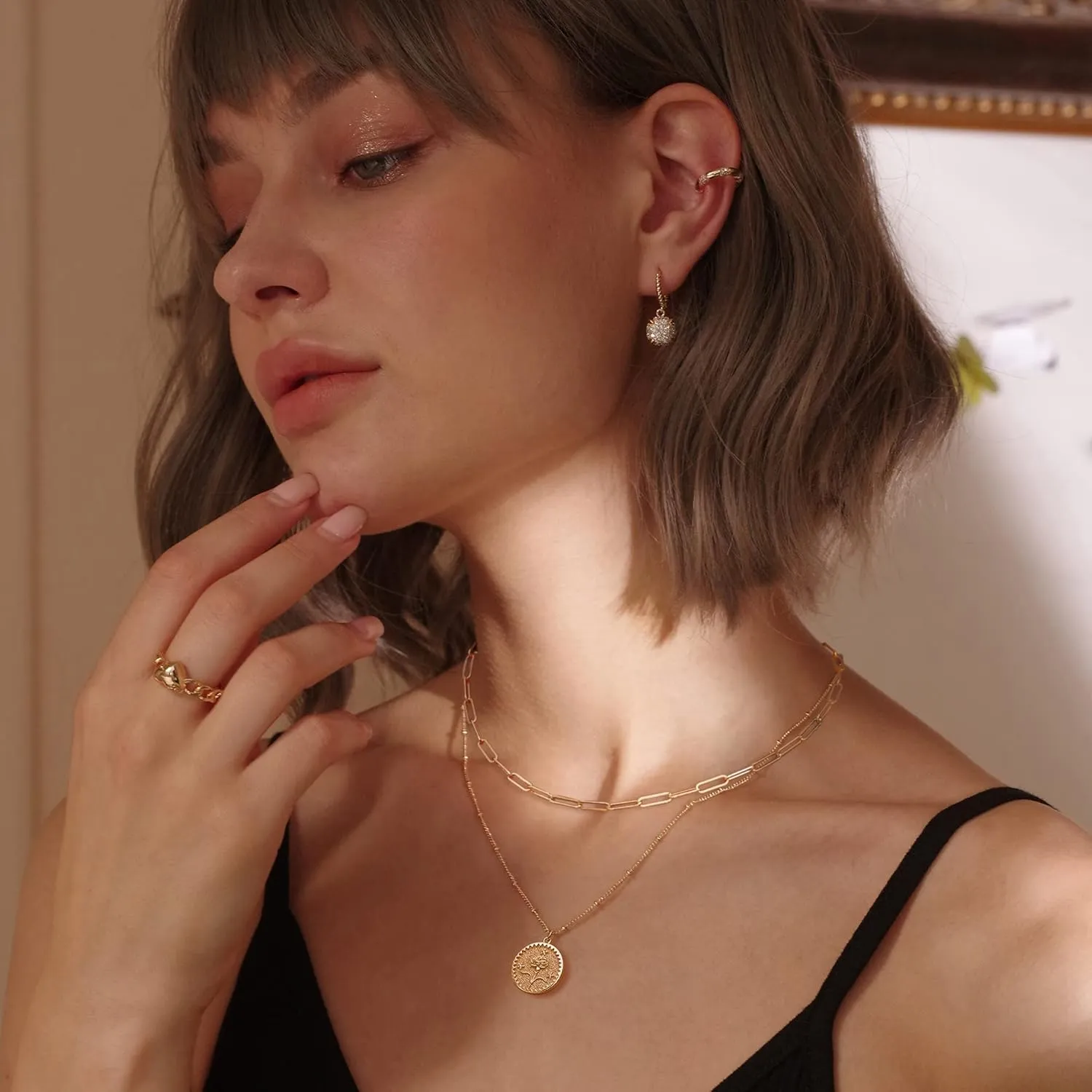 MEVECCO Gold Birth Flower Coin Necklace for Women Paperclip Chain Choker Layered Set Embossed Disc 12 Month Pendent 18K Gold Plated Dainty Satellite Chain Personalized Birthday Jewelry for Her