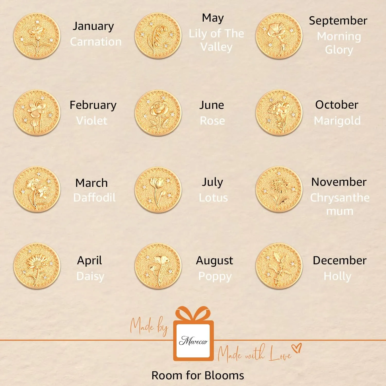 MEVECCO Gold Birth Flower Coin Necklace for Women Paperclip Chain Choker Layered Set Embossed Disc 12 Month Pendent 18K Gold Plated Dainty Satellite Chain Personalized Birthday Jewelry for Her