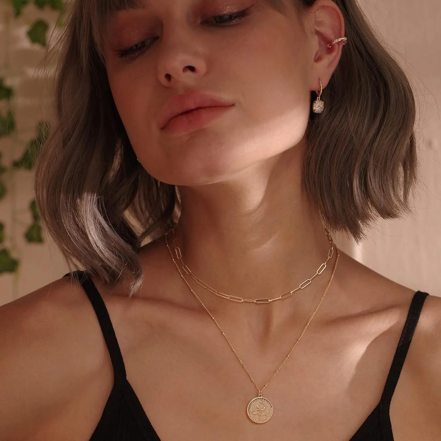 MEVECCO Gold Birth Flower Coin Necklace for Women Paperclip Chain Choker Layered Set Embossed Disc 12 Month Pendent 18K Gold Plated Dainty Satellite Chain Personalized Birthday Jewelry for Her