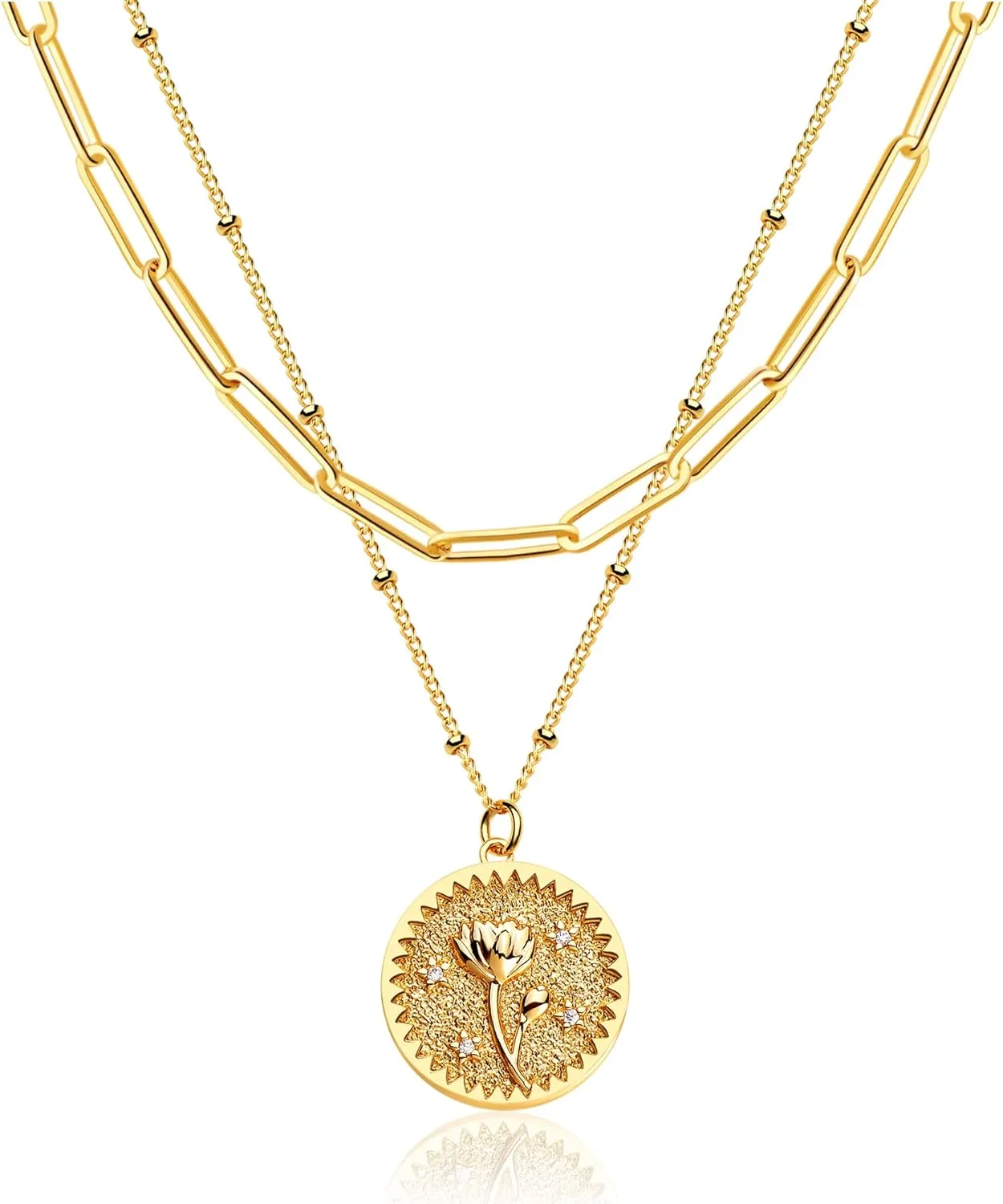MEVECCO Gold Birth Flower Coin Necklace for Women Paperclip Chain Choker Layered Set Embossed Disc 12 Month Pendent 18K Gold Plated Dainty Satellite Chain Personalized Birthday Jewelry for Her