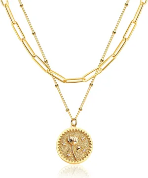 MEVECCO Gold Birth Flower Coin Necklace for Women Paperclip Chain Choker Layered Set Embossed Disc 12 Month Pendent 18K Gold Plated Dainty Satellite Chain Personalized Birthday Jewelry for Her