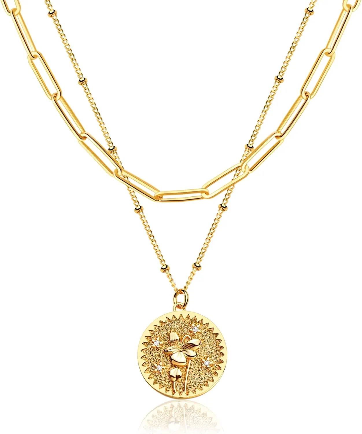 MEVECCO Gold Birth Flower Coin Necklace for Women Paperclip Chain Choker Layered Set Embossed Disc 12 Month Pendent 18K Gold Plated Dainty Satellite Chain Personalized Birthday Jewelry for Her