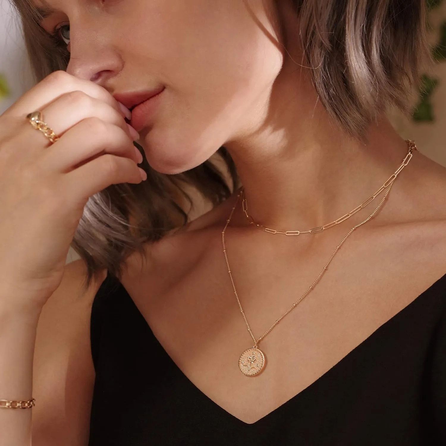 MEVECCO Gold Birth Flower Coin Necklace for Women Paperclip Chain Choker Layered Set Embossed Disc 12 Month Pendent 18K Gold Plated Dainty Satellite Chain Personalized Birthday Jewelry for Her