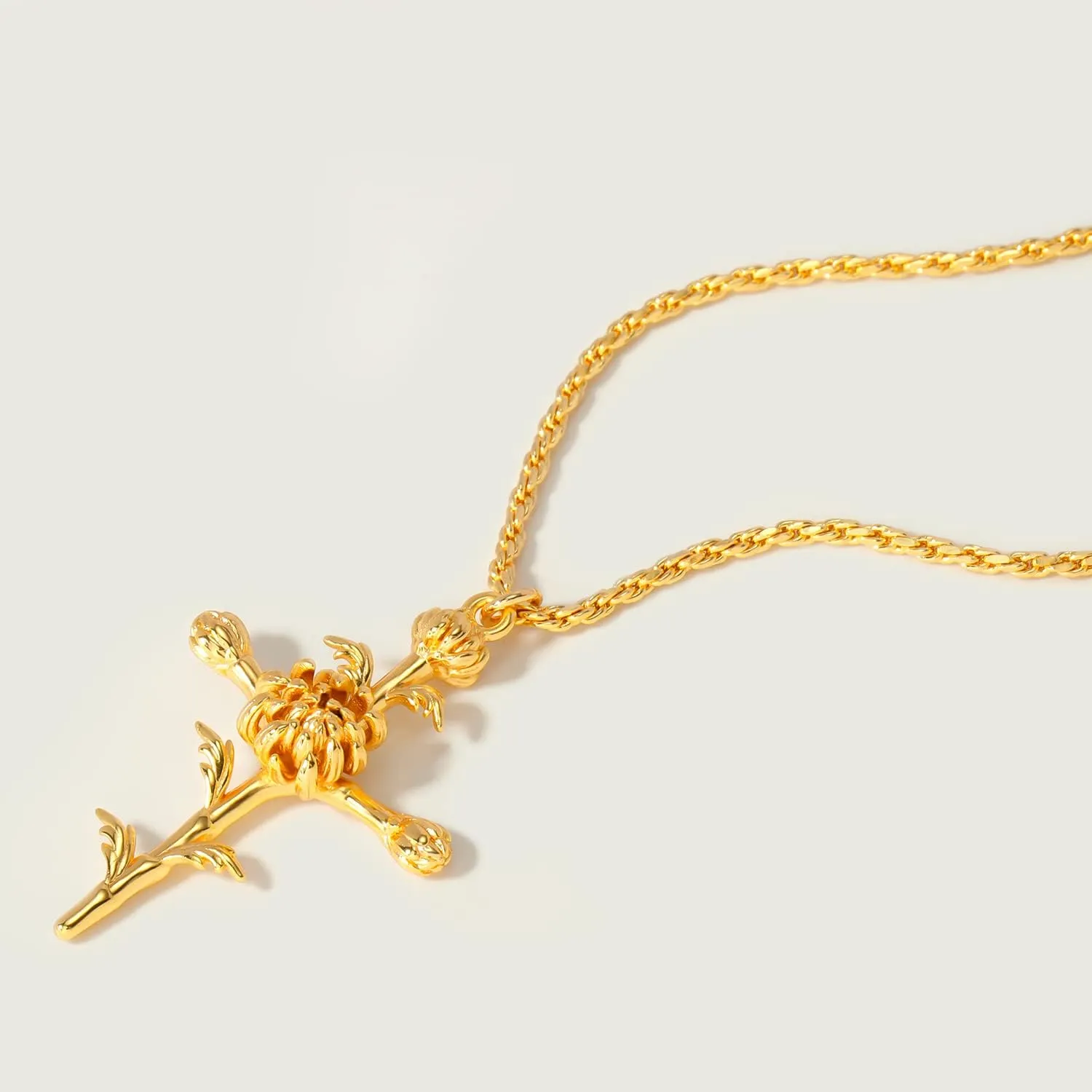 MEVECCO Gold Birth Flower Cross Necklace for Women 12 Month Faith Pendent 18K Gold Plated 2MM Twist Rope Chain Personalized Religious Birthday Jewelry for Her
