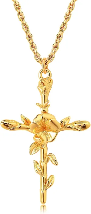 MEVECCO Gold Birth Flower Cross Necklace for Women 12 Month Faith Pendent 18K Gold Plated 2MM Twist Rope Chain Personalized Religious Birthday Jewelry for Her