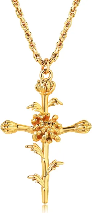 MEVECCO Gold Birth Flower Cross Necklace for Women 12 Month Faith Pendent 18K Gold Plated 2MM Twist Rope Chain Personalized Religious Birthday Jewelry for Her