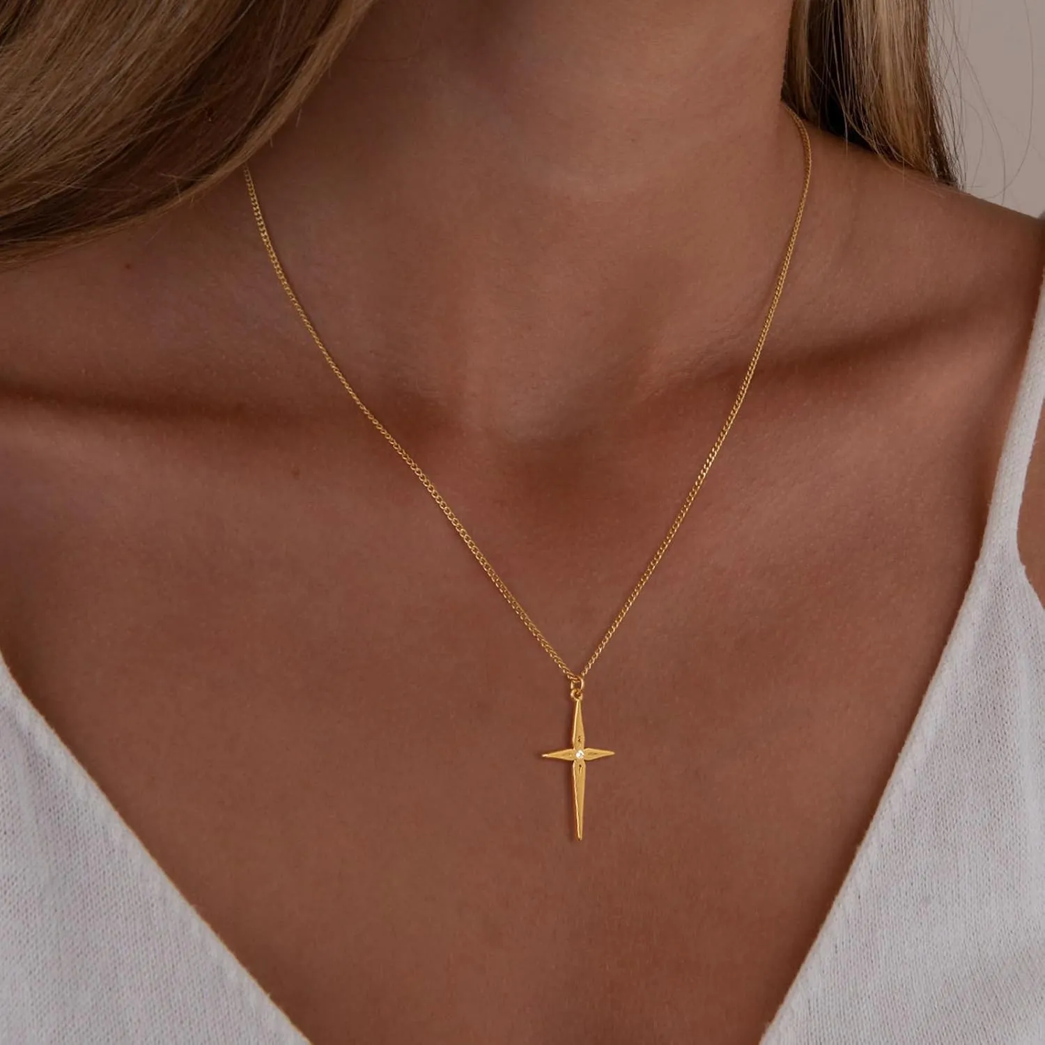 MEVECCO Gold Dainty Cross Necklace for Women,18K Gold Plated Latin CZ Cross Faith Pendant Necklace Minimalist Handmade Crucifix Chain Jewelry Gift