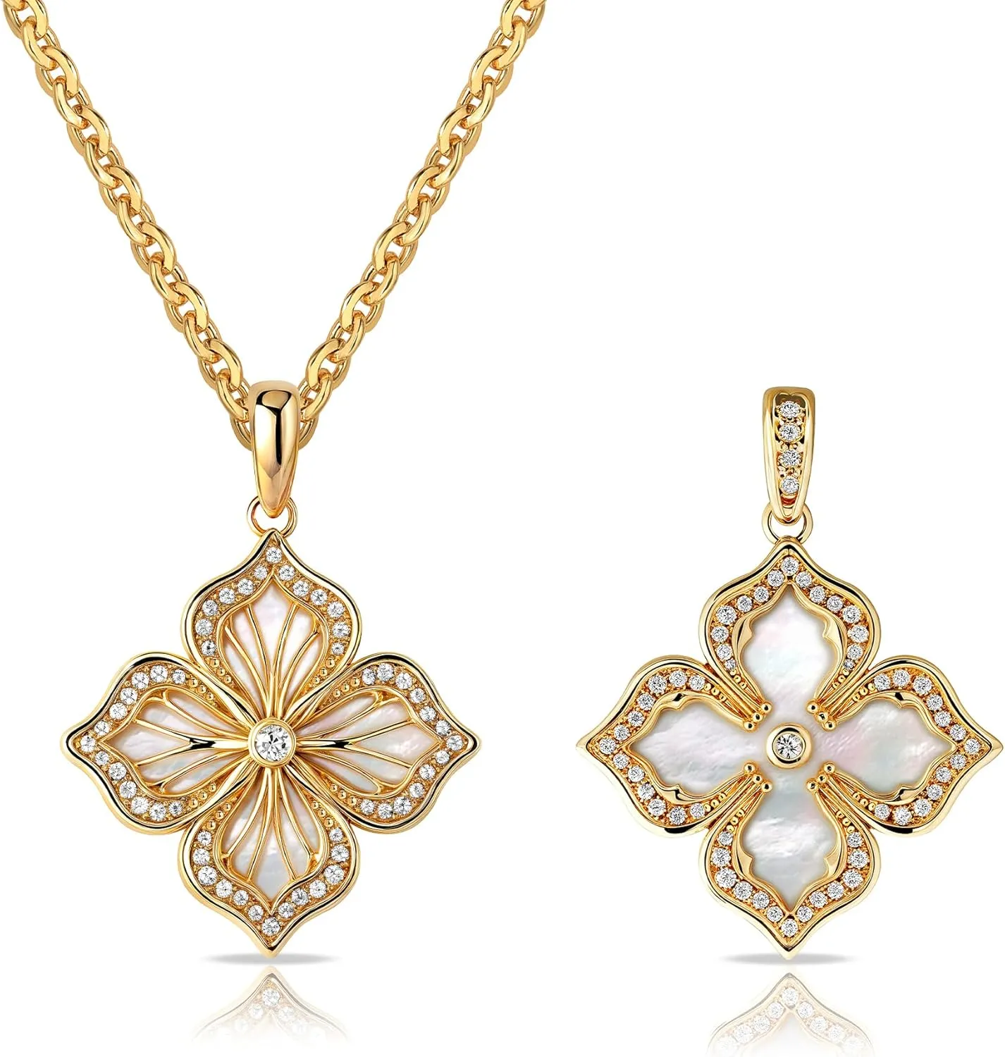 MEVECCO Gold Four Leaf Clover Necklace for Women 14K Gold Plated Clover Pendant Necklace Double Side With Diamond Vintage Filigree Flower Necklace Gift