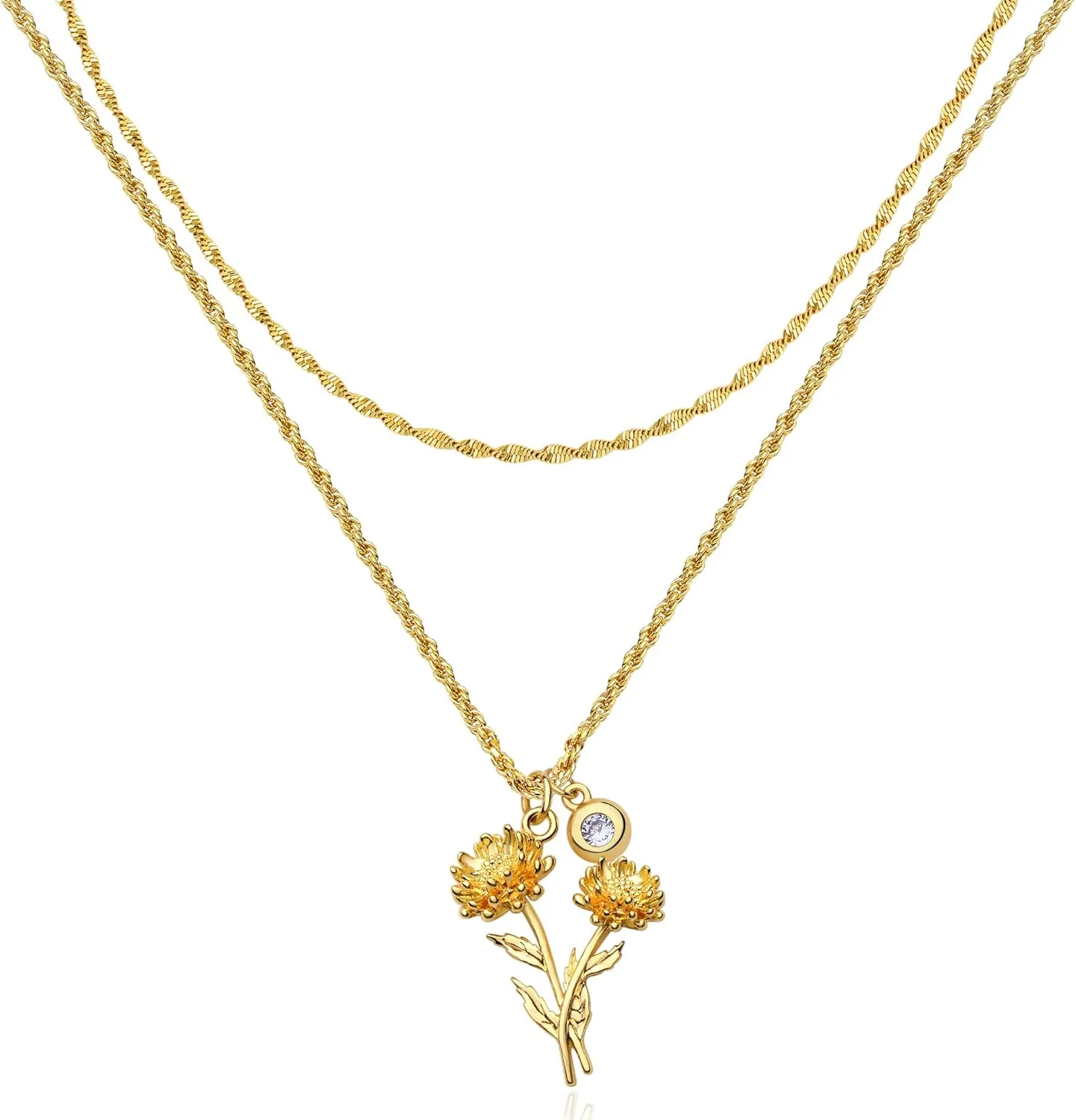 MEVECCO Gold Layered Everbloom Birth Flower Necklace Snowdrop Floral Pendant with Birthstone 18k Gold Vacuum Plated Custom Pendant Personalized Jewelry For Her