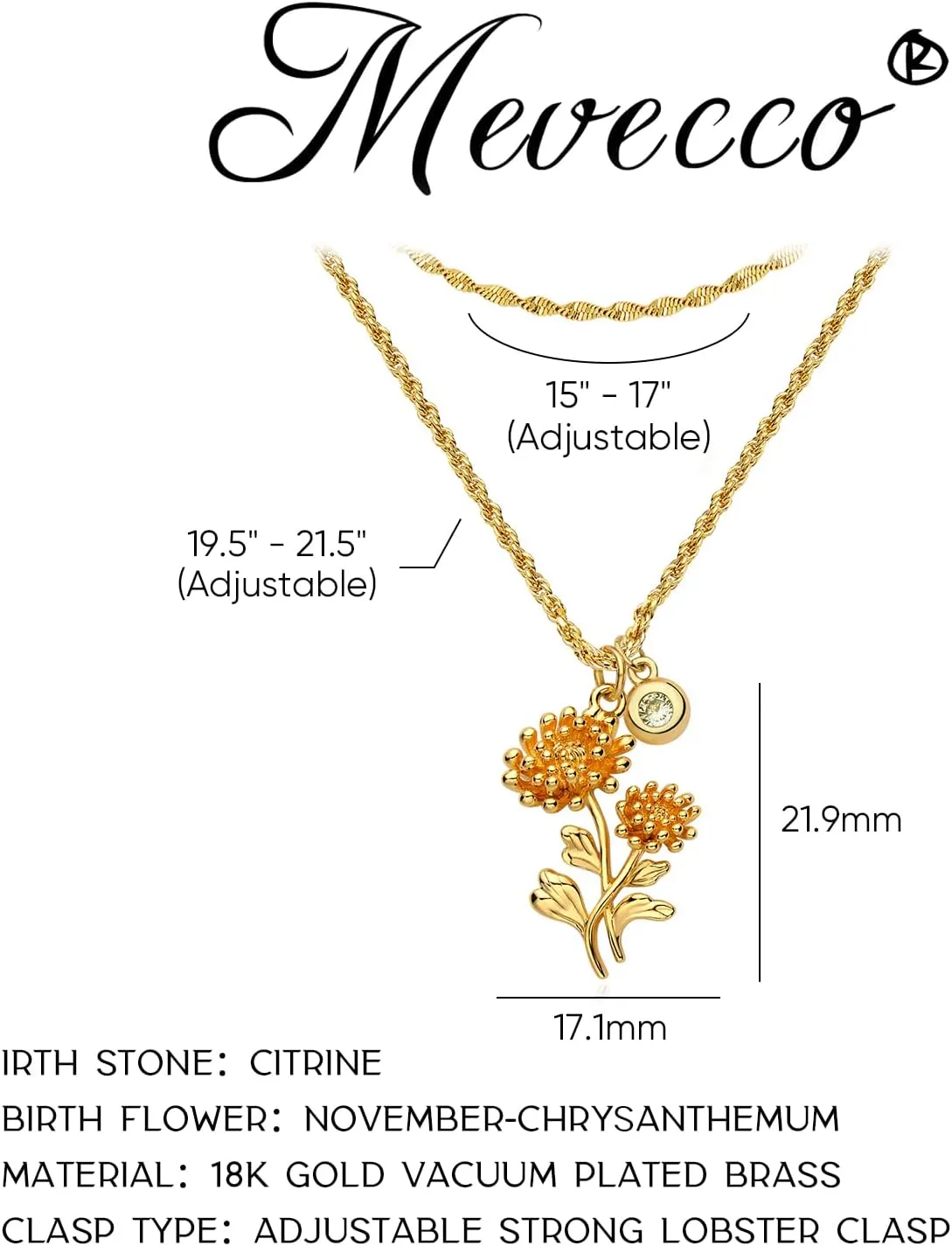 MEVECCO Gold Layered Everbloom Birth Flower Necklace Snowdrop Floral Pendant with Birthstone 18k Gold Vacuum Plated Custom Pendant Personalized Jewelry For Her