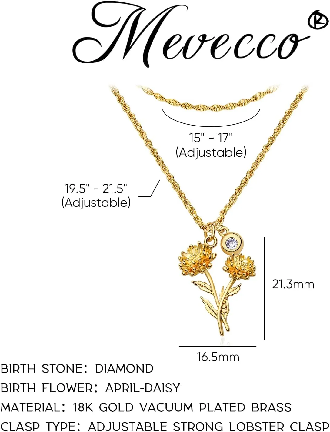 MEVECCO Gold Layered Everbloom Birth Flower Necklace Snowdrop Floral Pendant with Birthstone 18k Gold Vacuum Plated Custom Pendant Personalized Jewelry For Her