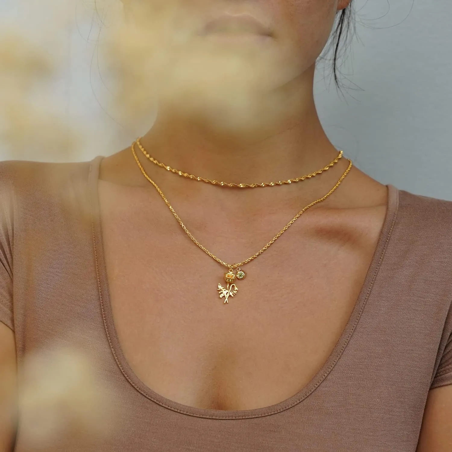 MEVECCO Gold Layered Everbloom Birth Flower Necklace Snowdrop Floral Pendant with Birthstone 18k Gold Vacuum Plated Custom Pendant Personalized Jewelry For Her