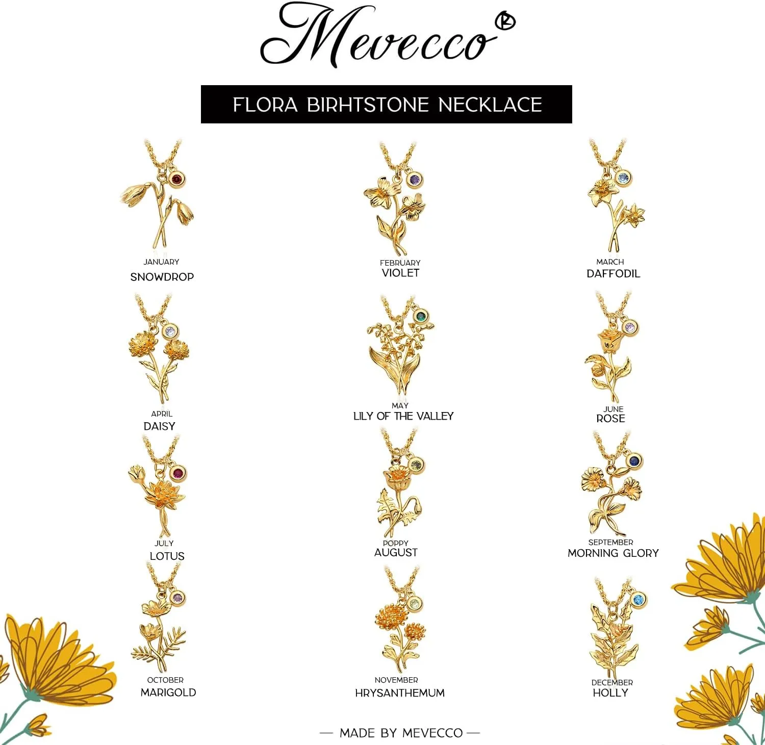MEVECCO Gold Layered Everbloom Birth Flower Necklace Snowdrop Floral Pendant with Birthstone 18k Gold Vacuum Plated Custom Pendant Personalized Jewelry For Her