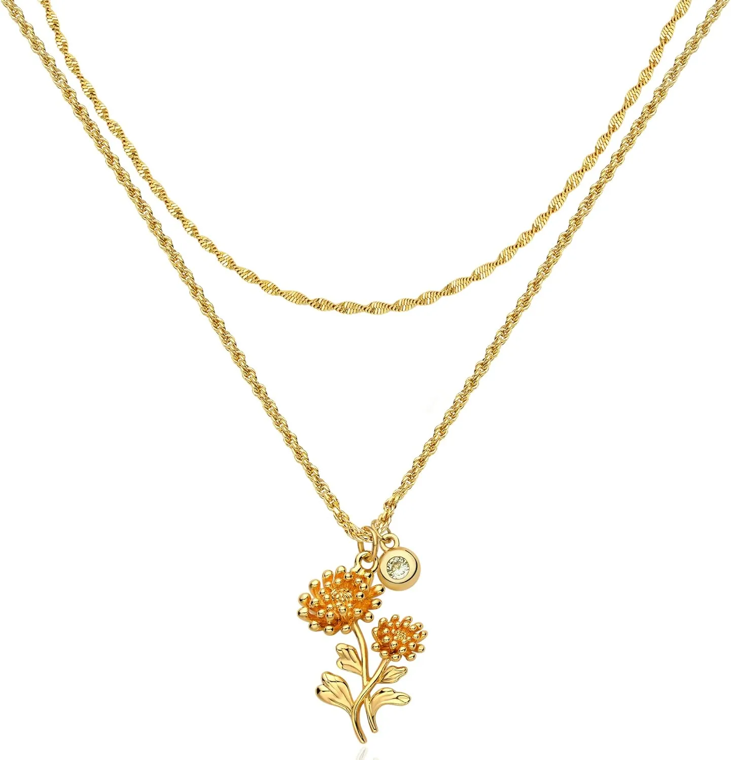 MEVECCO Gold Layered Everbloom Birth Flower Necklace Snowdrop Floral Pendant with Birthstone 18k Gold Vacuum Plated Custom Pendant Personalized Jewelry For Her