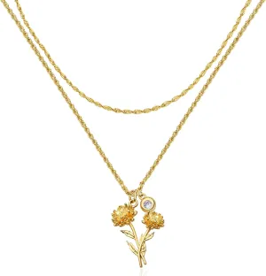 MEVECCO Gold Layered Everbloom Birth Flower Necklace Snowdrop Floral Pendant with Birthstone 18k Gold Vacuum Plated Custom Pendant Personalized Jewelry For Her