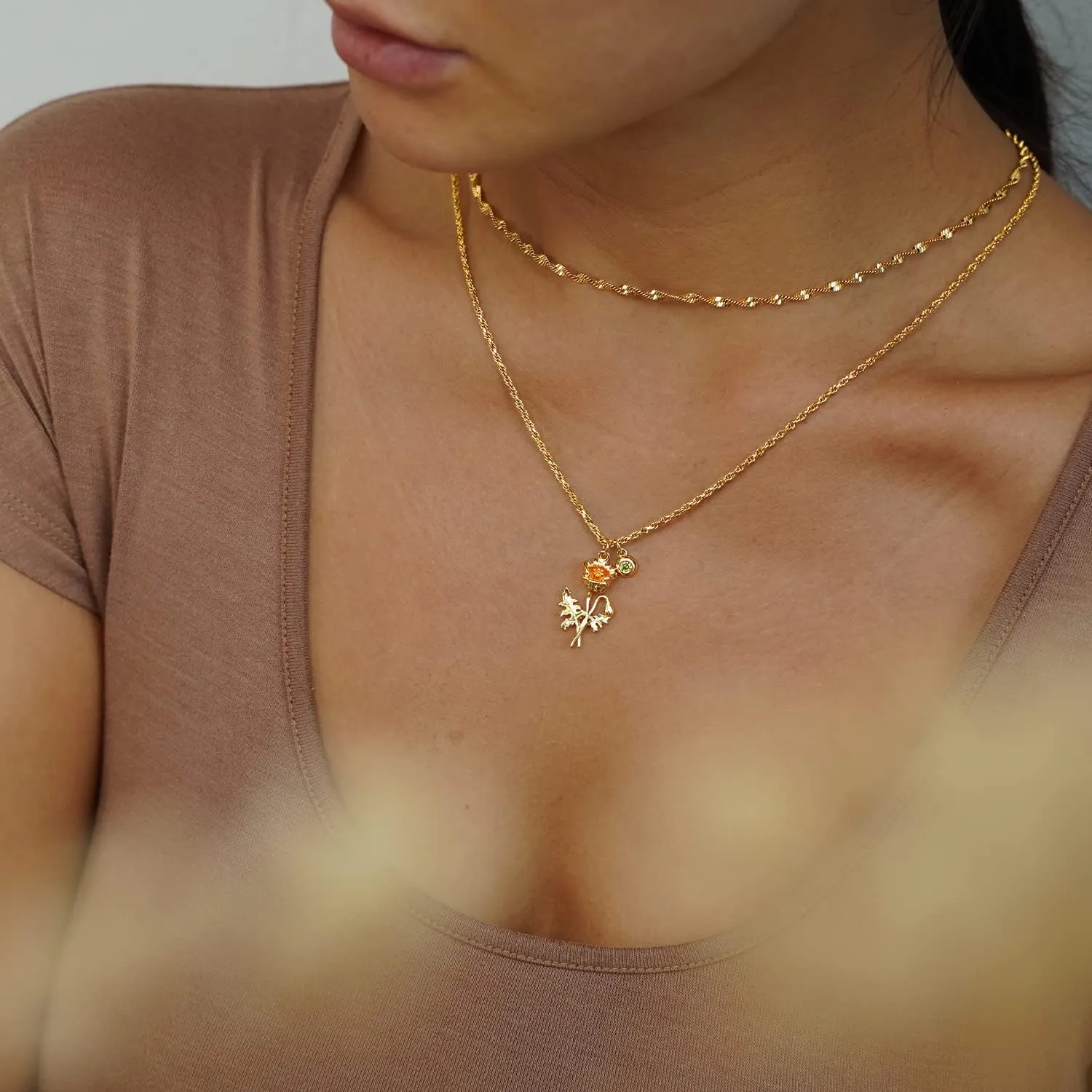 MEVECCO Gold Layered Everbloom Birth Flower Necklace Snowdrop Floral Pendant with Birthstone 18k Gold Vacuum Plated Custom Pendant Personalized Jewelry For Her