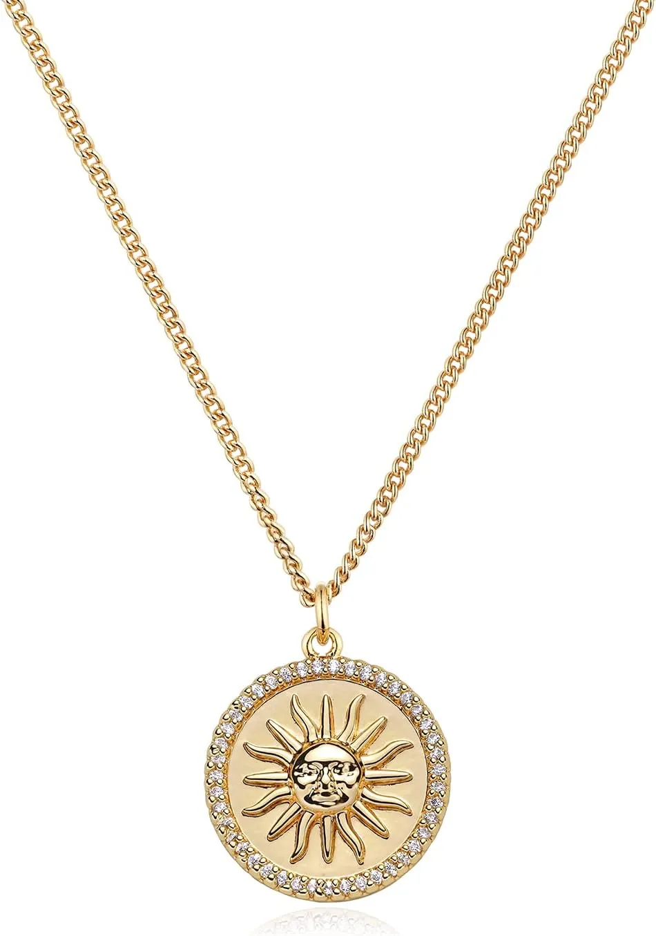 MEVECCO Women Gold Necklace Coin Disc Celestial Patterned Engraved Pendant 18K Gold Plated Simple Personalized Dainty Chain Jewelry Gift