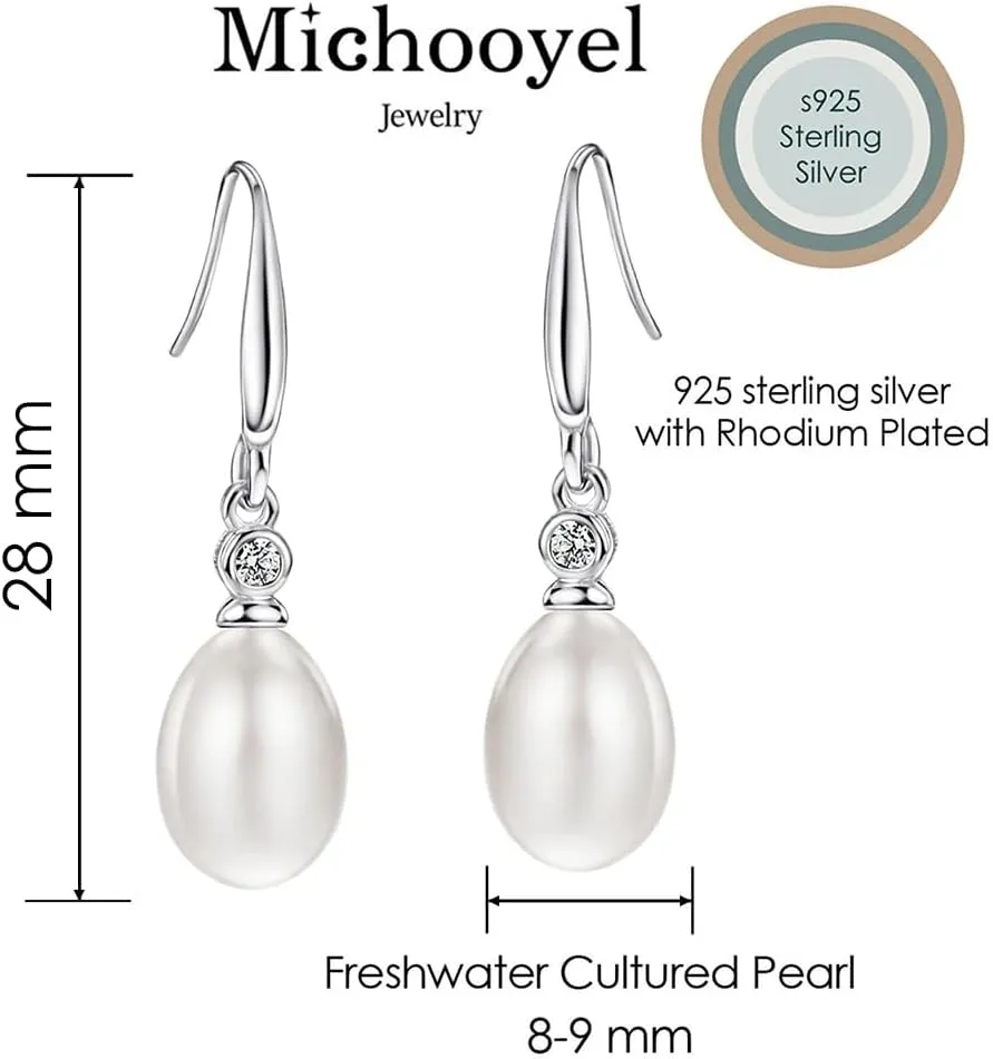 Michooyel 925 Sterling Silver Freshwater Cultured Pearl Dangle Drop Earrings for Women AAA  Quality 8mm White Pearl Earrings Jewelry for Women