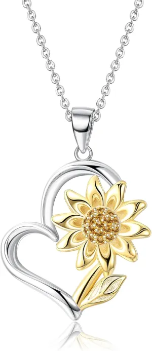 MILACOLATO 925 Sterling Silver Sunflower Necklace 14K Gold Plated You're My Sunshine Sunflower Heart Pendant Necklace with Shiny Cubic Zirconia Sunflower Jewelry Gift for Women Mom