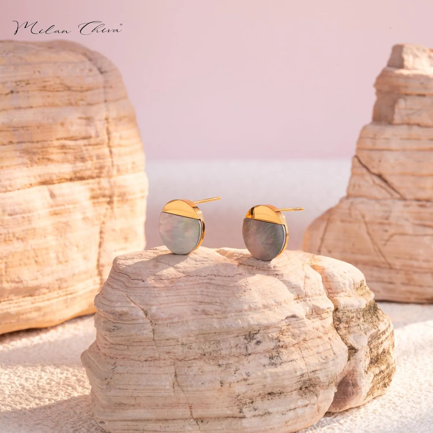 Milan Chiva Small Round Natural Gemstone Stud Earrings for Women 14K Gold Plated Oval Button Minimal Jewelry