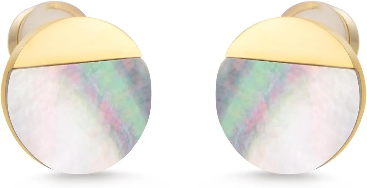Milan Chiva Small Round Natural Gemstone Stud Earrings for Women 14K Gold Plated Oval Button Minimal Jewelry