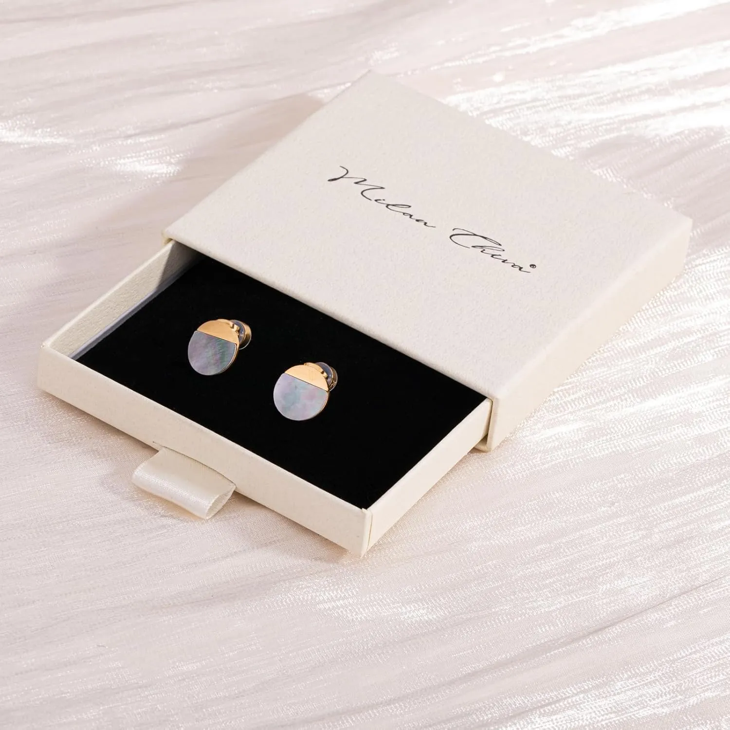 Milan Chiva Small Round Natural Gemstone Stud Earrings for Women 14K Gold Plated Oval Button Minimal Jewelry