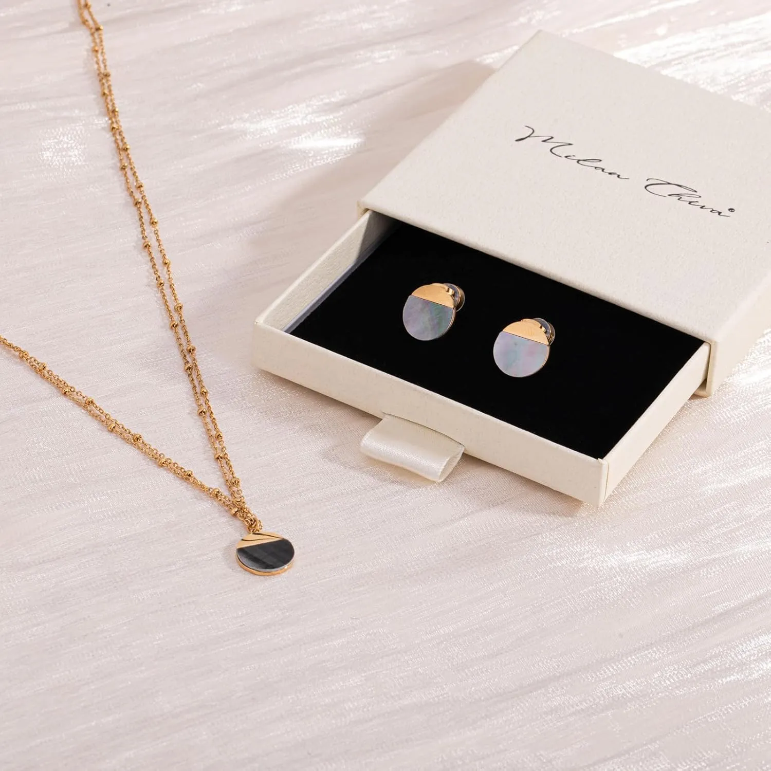 Milan Chiva Small Round Natural Gemstone Stud Earrings for Women 14K Gold Plated Oval Button Minimal Jewelry