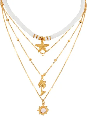 MINACHI 4-Piece Rice Beads and Chain Necklace, Multi-Layer, White Sun Coconut Tree Shell Starfish Pendant, Boho Style Jewelry for Women