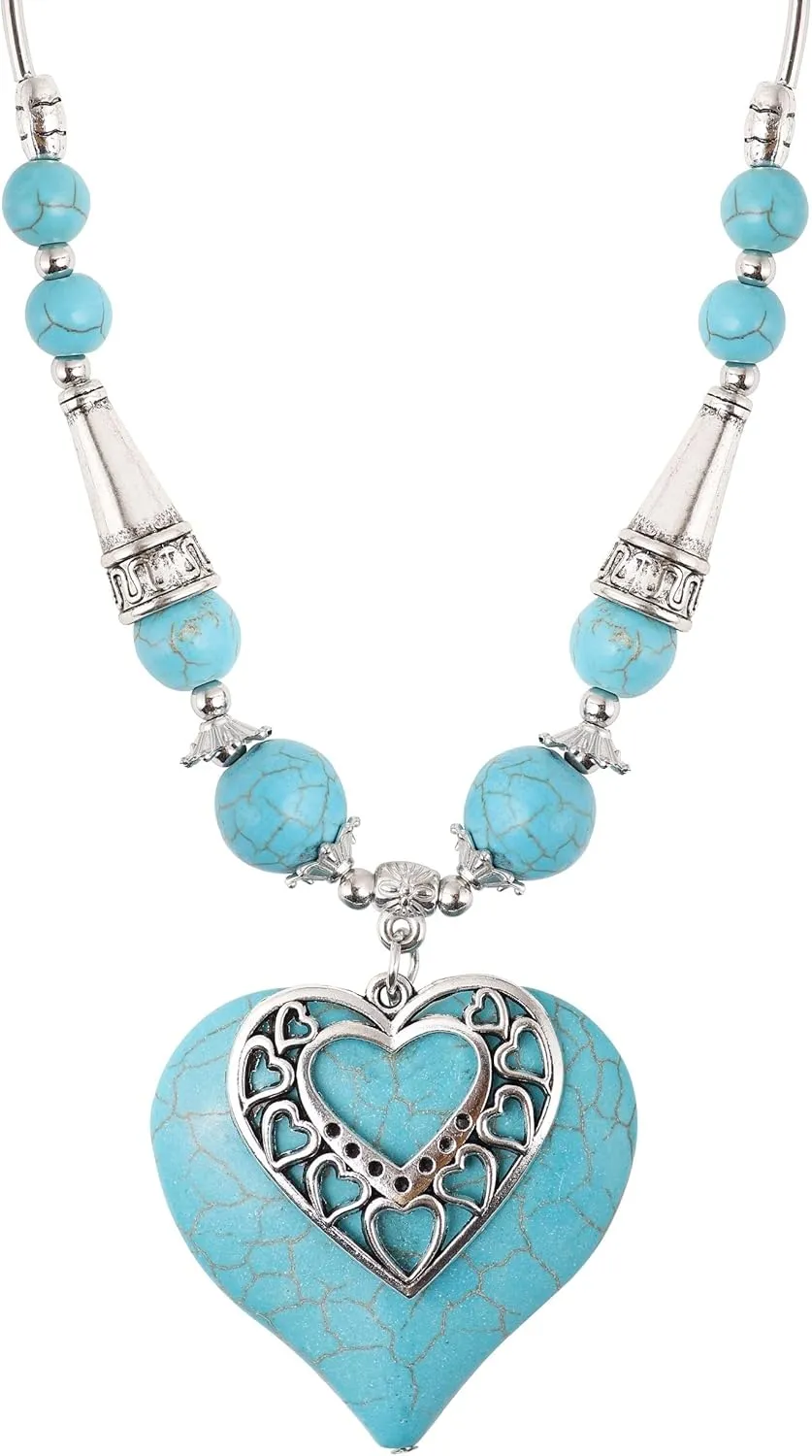 MINACHI Bohemian Created Turquoise Teal Heart Necklace, Vintage Boho Summer Beach Jewelry Gift for Women