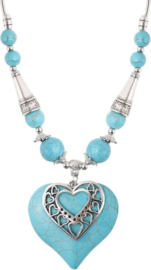 MINACHI Bohemian Created Turquoise Teal Heart Necklace, Vintage Boho Summer Beach Jewelry Gift for Women