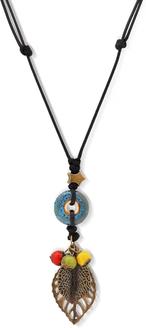 MINACHI Boho Hippie Colorful Ceramic Beads Strand O Ring Circle Charm Long Y Necklace, Vintage Bohemian Statement Jewelry Gift for Women