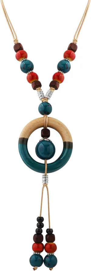 MINACHI Boho Hippie Colorful Ceramic Beads Strand O Ring Circle Charm Long Y Necklace, Vintage Bohemian Statement Jewelry Gift for Women