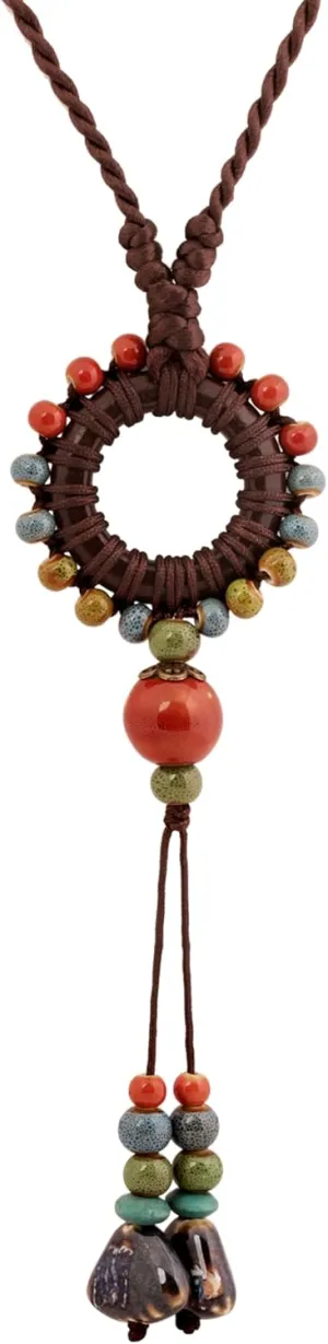 MINACHI Boho Hippie Colorful Ceramic Beads Strand O Ring Circle Charm Long Y Necklace, Vintage Bohemian Statement Jewelry Gift for Women