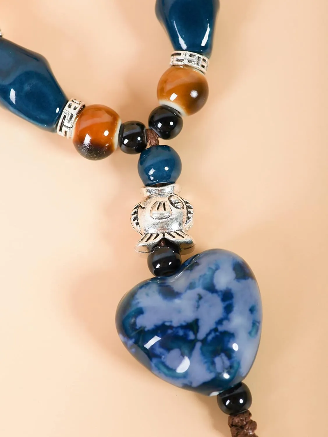 MINACHI Boho Hippie Colorful Ceramic Heart Bead Strand Necklace, Bohemian Summer Statement Jewelry Gift for Women