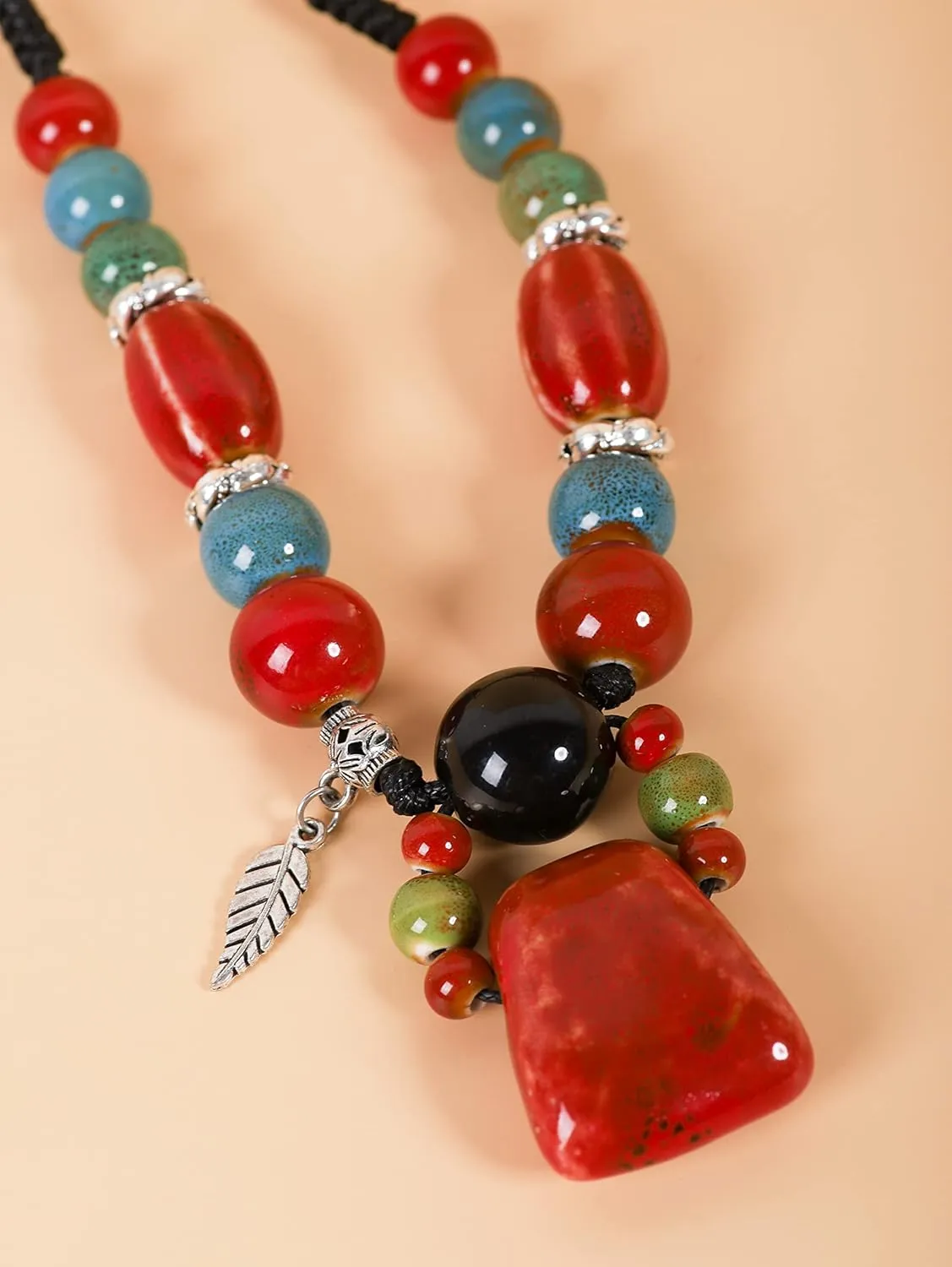 MINACHI Boho Hippie Colorful Chunky Ceramic Beads Strand Necklace, Bohemian Jewelry Gift for Women