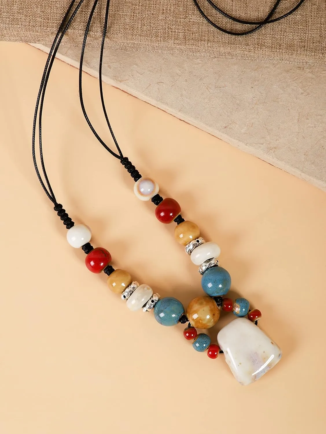 MINACHI Boho Hippie Colorful Chunky Ceramic Beads Strand Necklace, Bohemian Jewelry Gift for Women