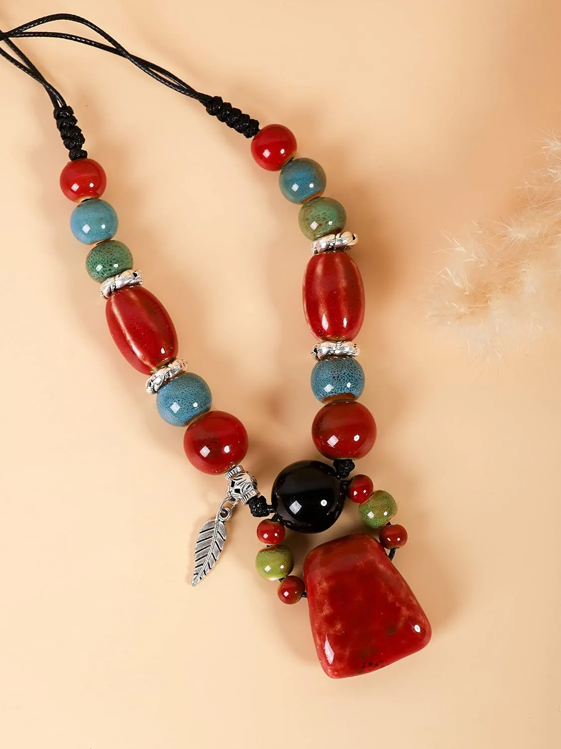 MINACHI Boho Hippie Colorful Chunky Ceramic Beads Strand Necklace, Bohemian Jewelry Gift for Women
