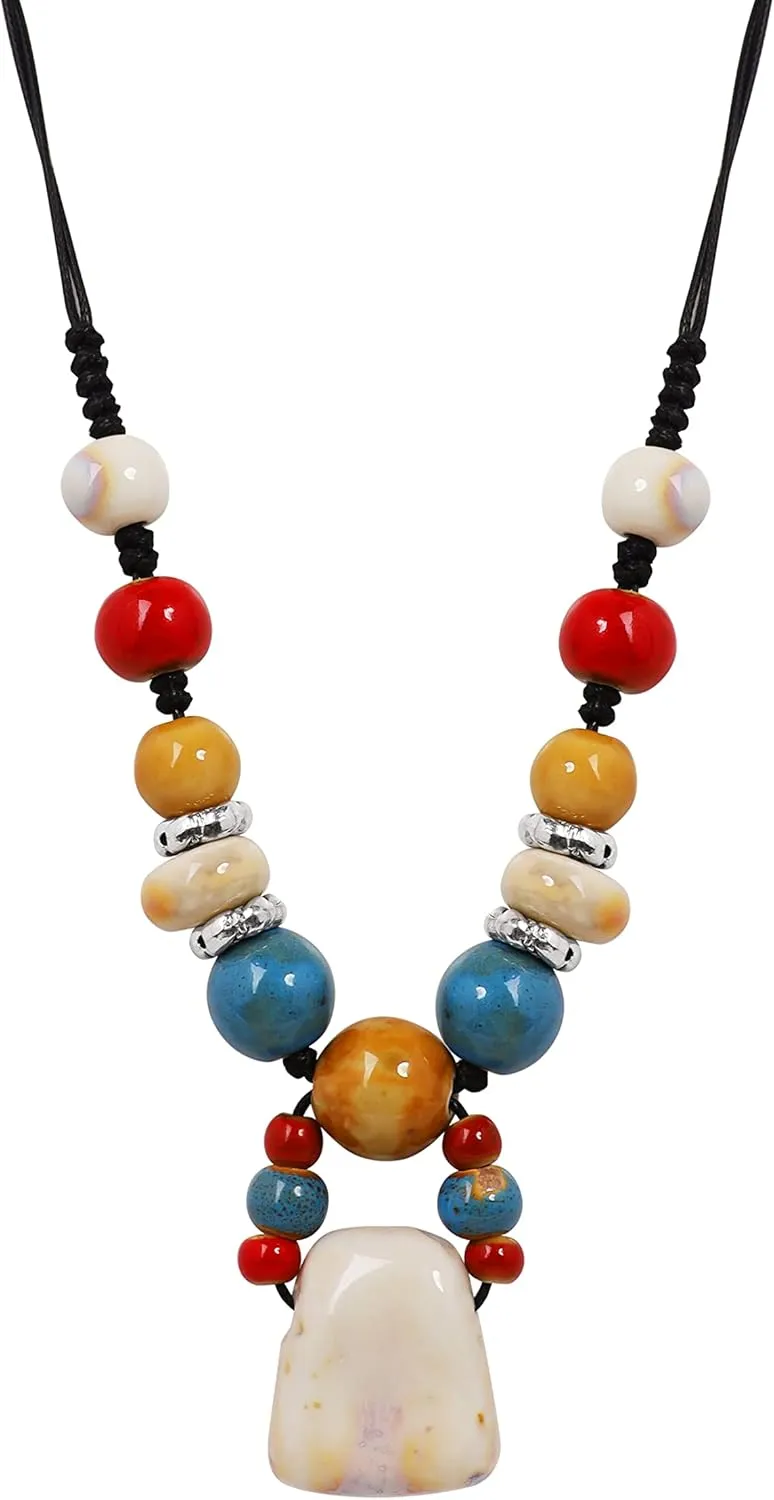 MINACHI Boho Hippie Colorful Chunky Ceramic Beads Strand Necklace, Bohemian Jewelry Gift for Women