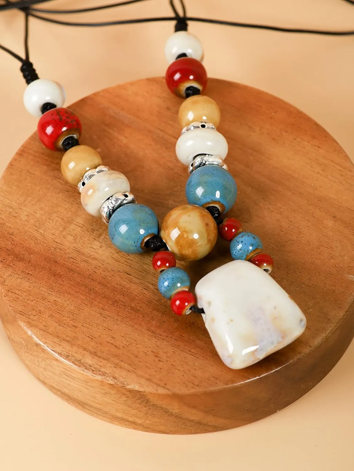 MINACHI Boho Hippie Colorful Chunky Ceramic Beads Strand Necklace, Bohemian Jewelry Gift for Women