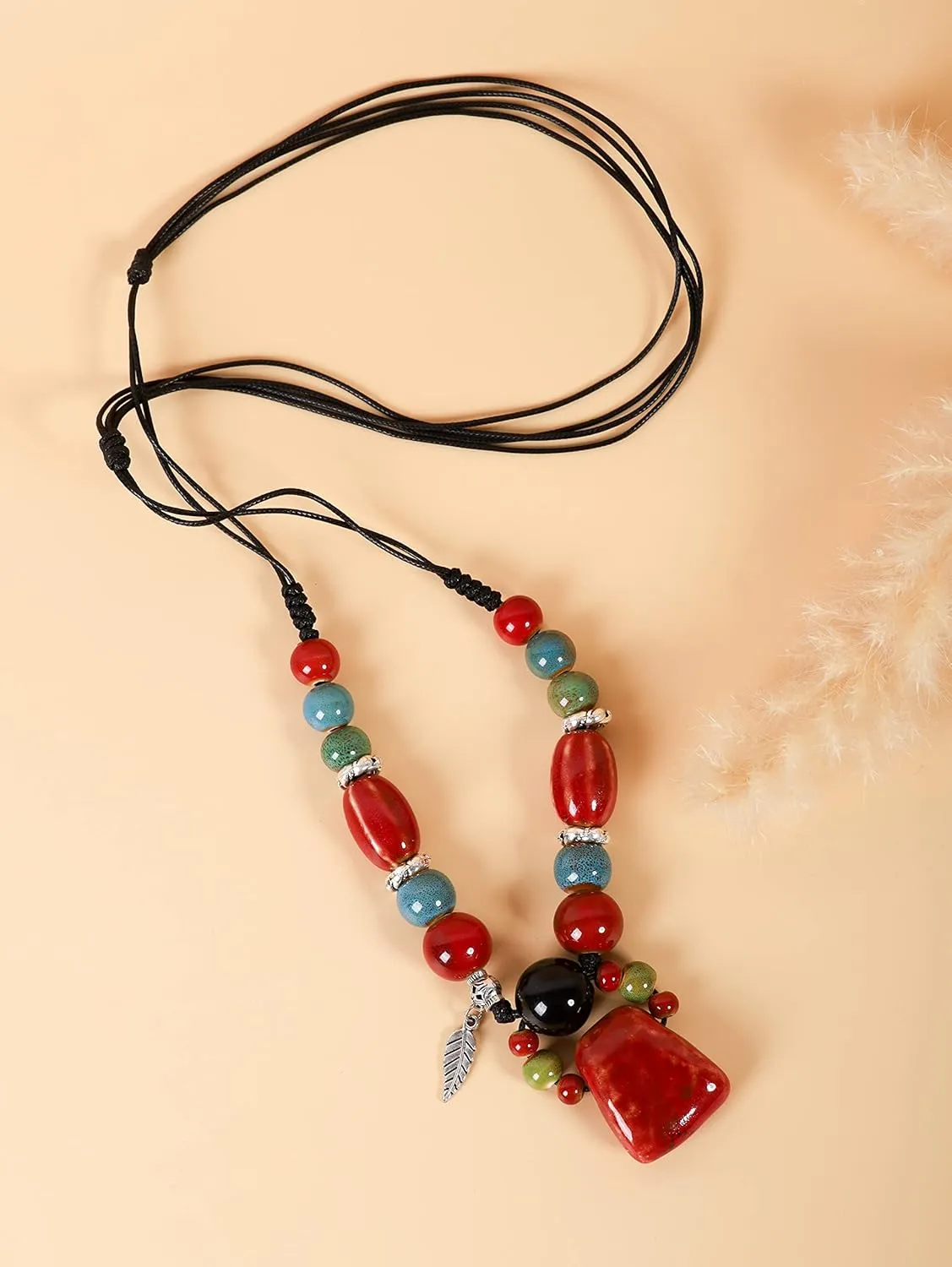 MINACHI Boho Hippie Colorful Chunky Ceramic Beads Strand Necklace, Bohemian Jewelry Gift for Women