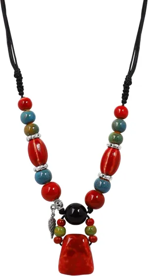 MINACHI Boho Hippie Colorful Chunky Ceramic Beads Strand Necklace, Bohemian Jewelry Gift for Women