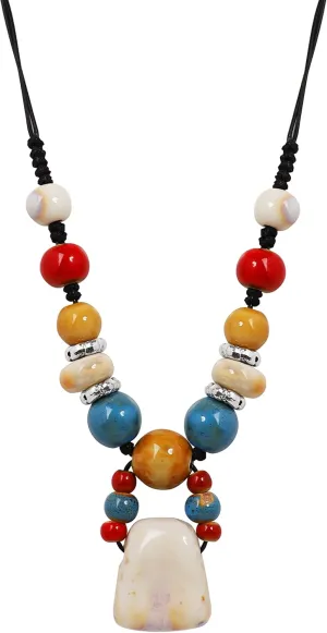MINACHI Boho Hippie Colorful Chunky Ceramic Beads Strand Necklace, Bohemian Jewelry Gift for Women